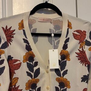 Tory Burch Cream Cardigan with Red and Yellow Floral Pattern
